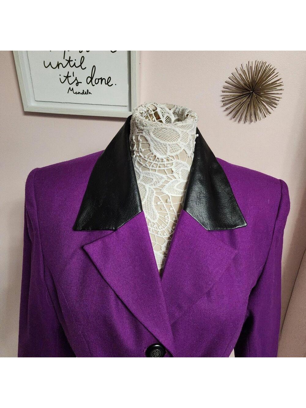 Vintage Gantos Purple Wool Belted Jacket Size 12 Faux Leather Collar Read - Picture 8 of 9